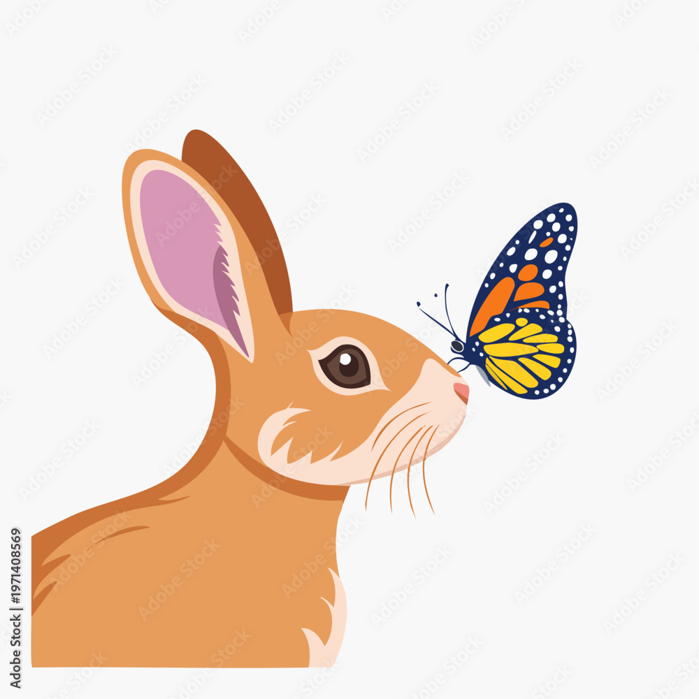 Obraz premium Rabbit meets a butterfly on a white background.