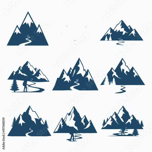 Collection of Diverse Mountain Landscape Icons Featuring Winding Rivers, Evergreen Trees, and Solitary Hikers Amidst Majestic Peaks