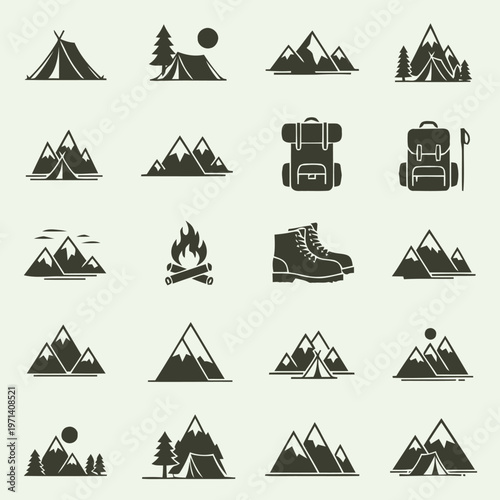 Collection of minimalist silhouette icons representing mountains, tents, campfires, boots, and pine trees, perfect for outdoor adventure and camping themes