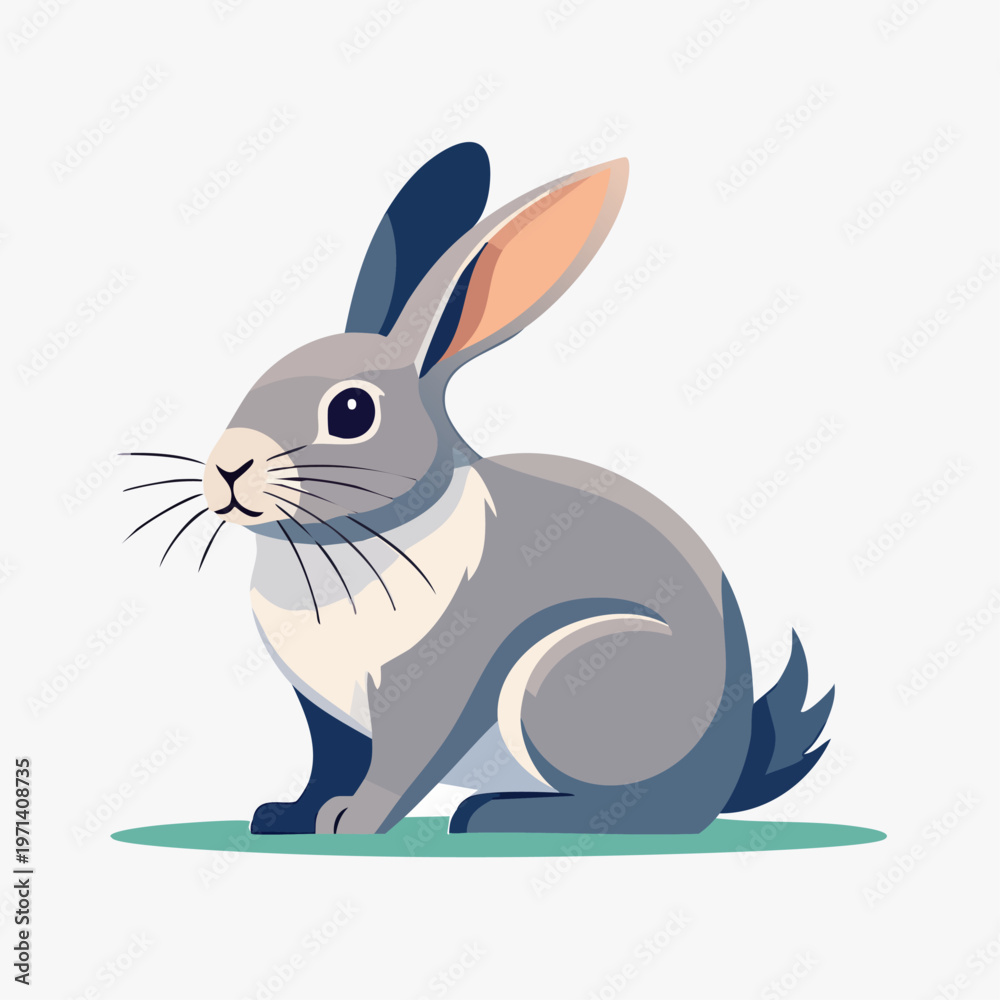 Fototapeta premium Cute grey rabbit sitting on grass stylized vector illustration