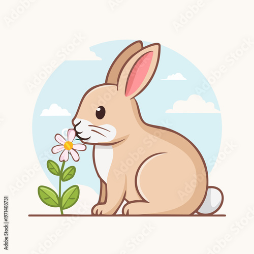 Cute cartoon rabbit sniffing a flower in a spring garden illustration