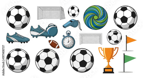 Soccer Balls and Sports Equipment Icons.