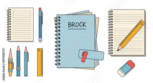 Colorful school supplies and notebooks.