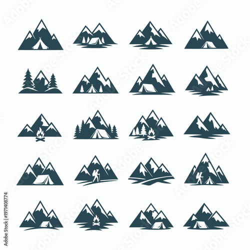 Collection of diverse mountain and camping silhouette icons, perfect for outdoor adventure and travel-themed graphic design projects, representing exploration and nature