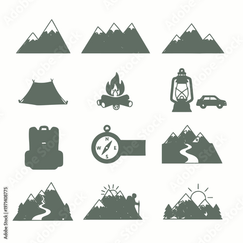 Adventure awaits icons of hiking, camping, and mountaineering for your outdoor enthusiast designs