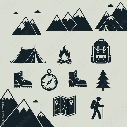 Comprehensive Vector Icon Set Illustrating Outdoor Adventure, Hiking, and Camping Essentials Including Mountains, Tents, and Equipment