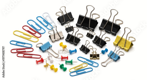 Assorted office metal paper clips and binders.