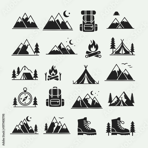 Collection of Outdoor Adventure and Camping Icons Mountains, Tents, Backpacks, and Boots for Travel and Hiking