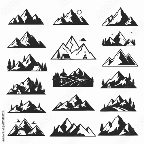 Collection of diverse mountain peak silhouette icons for outdoor adventure and nature exploration branding, featuring various stylized landscapes with trees, camping elements, and scenic vistas