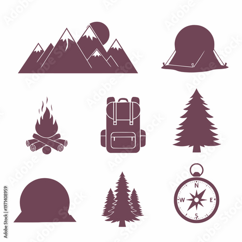 Vector silhouette icon set for outdoor adventure and nature exploration. Includes mountains, camping essentials, forest trees, and navigation tools for diverse graphic projects