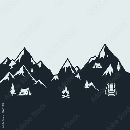 Mountain Silhouette Icons Featuring a Camping Scene with Tent, Campfire, and Backpack - Perfect for Outdoor Adventures and Nature Themes