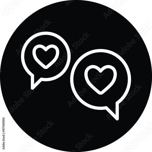 Valentine love chat icon white line art on black circle background vector UI component