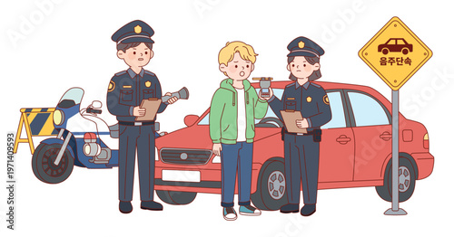 도로 위에서 운전자를 대상으로 음주단속을 실시하는 경찰관 캐릭터 플랫 일러스트 Police Officers Conducting a Breathalyzer Test on a Driver Flat Illustration