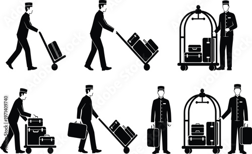 Black and white of bellhops with luggage carts and suitcases