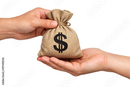 Two hands holding a burlap sack with a black dollar sign symbol on white background money bag