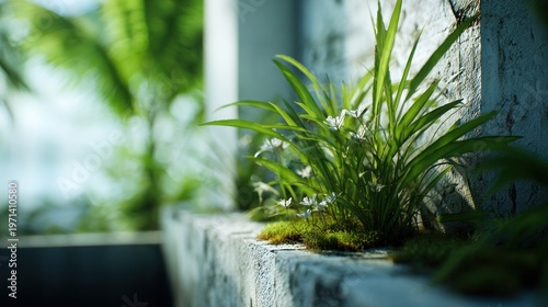 Close-up of green ornamental plants growing on a concrete ledge in a lush outdoor setting