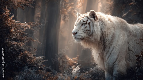 Majestic white tiger in a tranquil forest setting with soft sunlight filtering through the trees