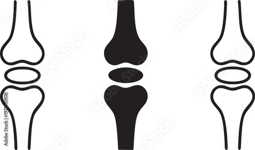 Set of knee joint icons representing healthy bone structure in outline and solid black fill perfect for medical and anatomical illustrations