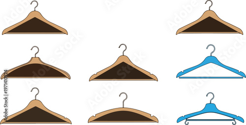 Collection of wooden and blue hangers for clothing display and wardrobe organization