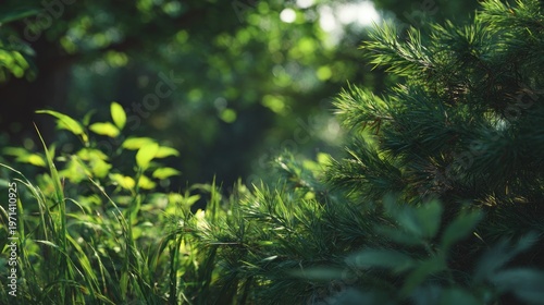 lush green foliage and sunlight filtering through dense forest canopy