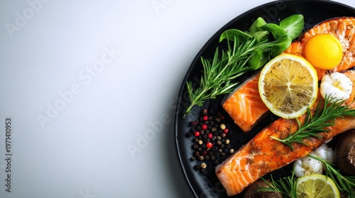 Freshly Prepared Salmon Fillets with Lemon and Herbs on a Black Plate