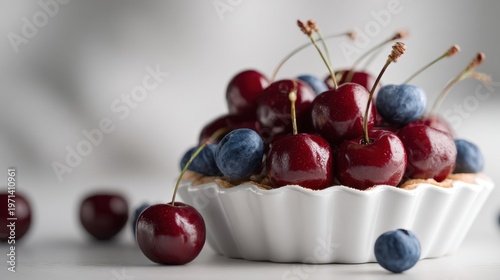 Sweet Delight: Close-Up of a Cherry and Blueberry Tart in a White Dish