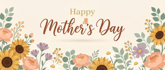A colorful floral illustration celebrating Mother's Day with vibrant flowers and a warm greeting