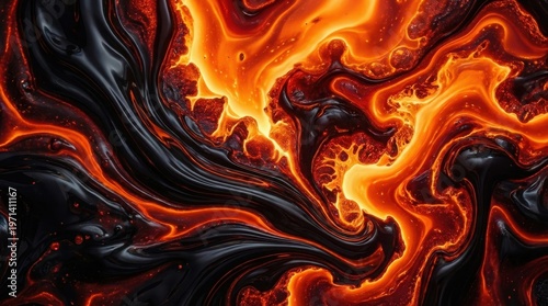 Molten lava and black obsidian liquid swirl in intense heat creating volcanic magma flow background.