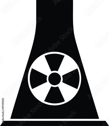 Nuclear power plant cooling tower with radiation symbol.