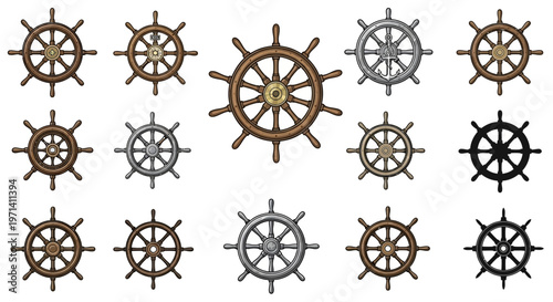 Collection of Vintage Ship Steering Wheels in Various Designs.