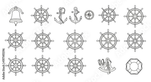 Collection of nautical themed line art illustrations featuring ship wheels anchors and a bell.