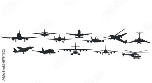 Collection of Diverse Aircraft Silhouettes in Flight.
