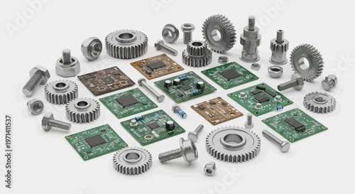 Assortment of electronic circuit boards and metal gears on a white background.