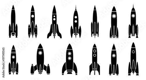 Collection of various rocket ship silhouettes for space exploration and science fiction designs.