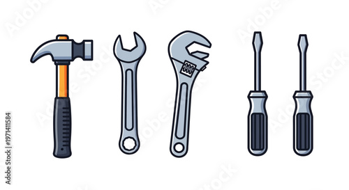 Essential Hand Tools Collection - Hammer, Wrenches, and Screwdrivers Set.