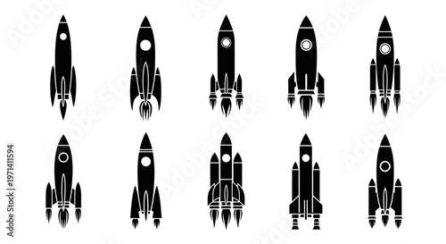 Collection of rocket ship silhouettes flying.