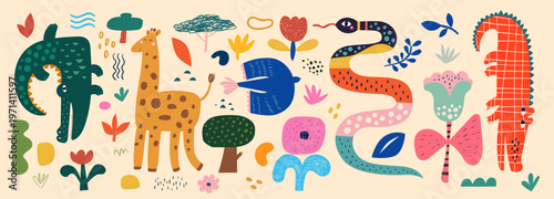 Funny cartoon baby collection with cute hand drawn animals and flowers. 