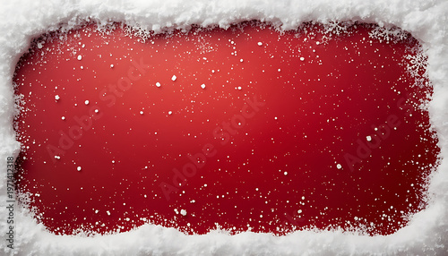 Christmas frame made of snow on a red background with copy space.