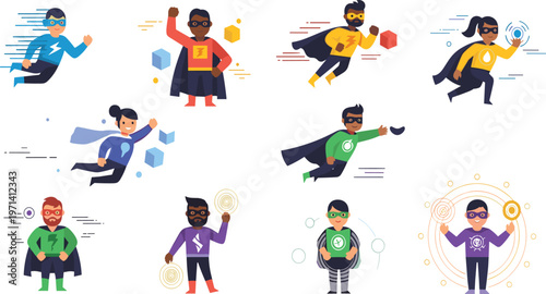 Diverse superhero characters set with unique powers flying running and action poses comic style illustration for animation storytelling game design and creative projects.