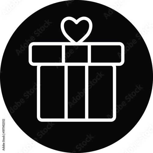 Valentine gift box icon white line art on black circle background vector web graphic