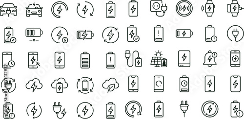 Electric vehicle battery charging status outline icon set featuring energy monitoring connectivity plug interface dashboard symbols collection