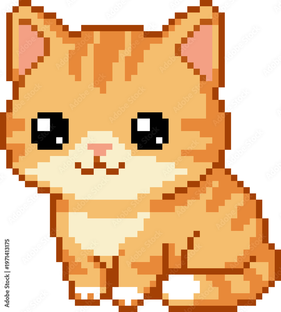 Fototapeta premium Cute orange tabby cat sitting pixel art style character isolated