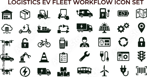 Electric vehicle logistics fleet workflow outline icon set featuring delivery tracking charging infrastructure monitoring connectivity interface symbols
