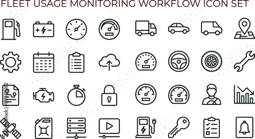 Electric vehicle fleet usage monitoring workflow outline icon set featuring diagnostics tracking analytics dashboard connectivity interface symbols