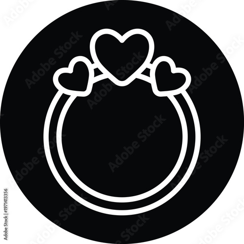Valentine heart ring icon white line art on black circle background vector decorative element