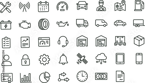 Electric vehicle fleet operations workflow outline icon set featuring maintenance tracking logistics monitoring dashboard connectivity interface symbols