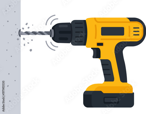 Electric Drill Icon Drilling into Concrete Wall Power Tool Construction Illustration