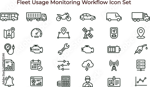 Electric vehicle fleet usage monitoring workflow outline icon set featuring transportation tracking diagnostics analytics dashboard connectivity interface symbols