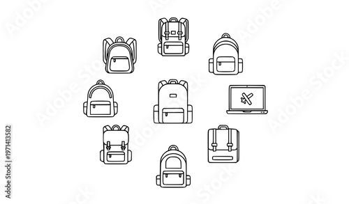 School Backpack Thin Line Icon Collection Modern Minimal Schoolbag Outline Vector Set for Education Concept