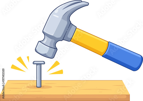Hammer Hitting Nail Icon with Wood Board Construction Tool Illustration